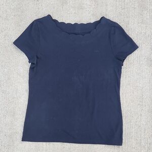 Talbots Scalloped Boat Neckline XS 100% Pima Cotton Shirt Short Sleeve Navy